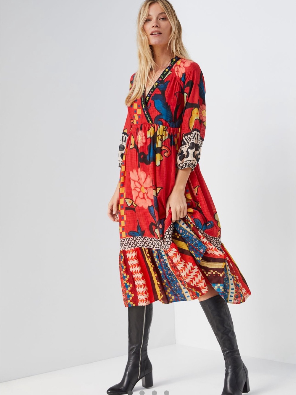 CAYENNE MIDI DRESS Vibrant Red Floral Patchwork Midi Dress with V-Neck